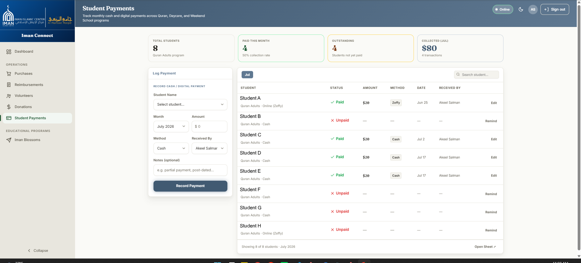Student Payments tracker for the center's educational programs
